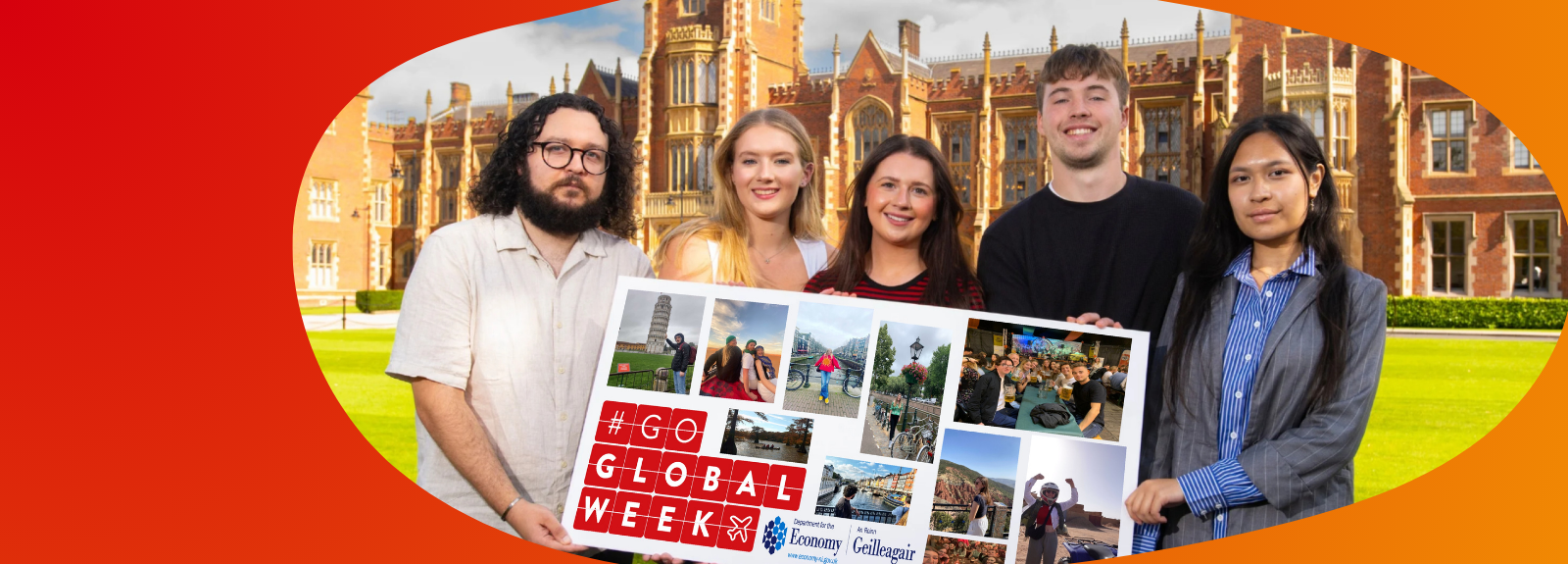 student ambassadors standing in front of Queen's building